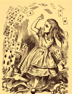 The deck of playing cards attacks Alice in Wonderland
